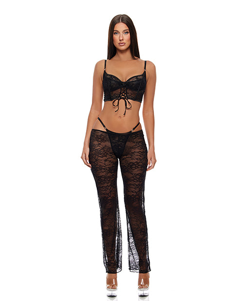 Layer of Seduction Lace Bra, Thong, & Pants 3 pc Set - Black