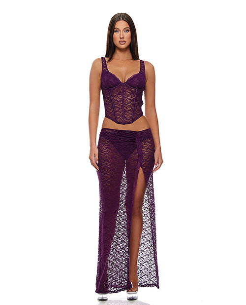 Feel Me Lace Bustier, Panty, & Skirt 3 pc set - Purple