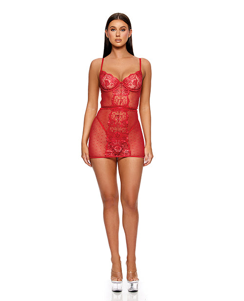 La Vie En Rose Metallic Embroidered Chemise, Panty & Belt 3 pc Set - Red