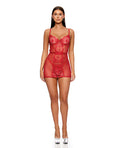 La Vie En Rose Metallic Embroidered Chemise, Panty & Belt 3 pc Set - Red