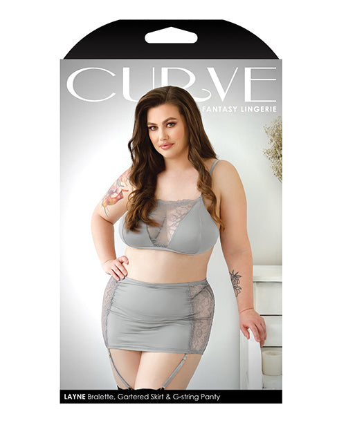 Curve Layne Lace & Microfiber Bralette w/Garter Skirt & G - String Gray1X