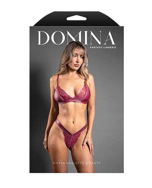 Domina Lace Bralette & Panty in Leatherette w/Zipper Detail - Berry