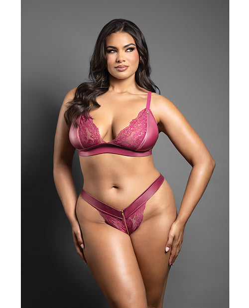Domina Lace Bralette & Panty in Leatherette w/Zipper Detail - Berry