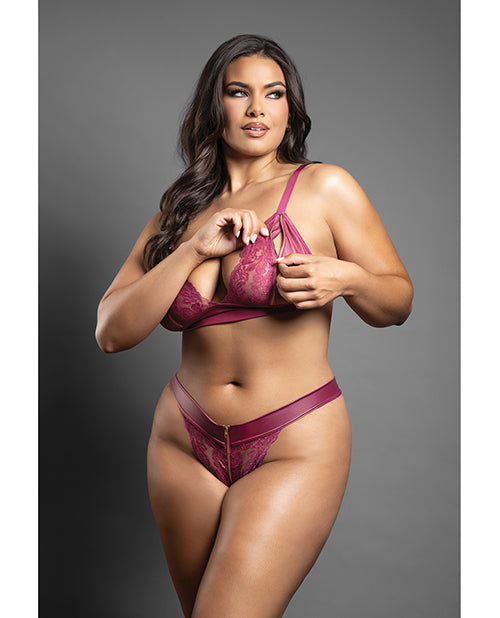 Domina Lace Bralette & Panty in Leatherette w/Zipper Detail - Berry