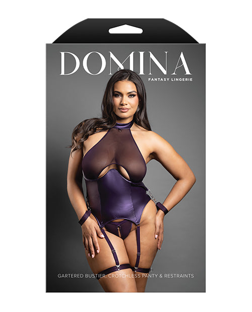 Domina Mesh Gartered Bustier & Crotchless panty Set w/Restraints - Purple
