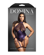 Domina Mesh Gartered Bustier & Crotchless panty Set w/Restraints - Purple