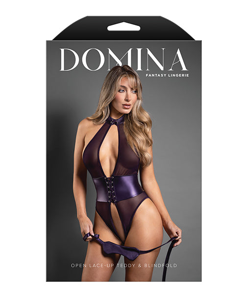 Domina Open Halter Teddy in Mesh & Leatherette w/Matching Blindfold - Purple