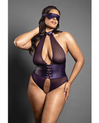 Domina Open Halter Teddy in Mesh & Leatherette w/Matching Blindfold - Purple