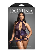 Domina Open Halter Teddy in Mesh & Leatherette w/Matching Blindfold - Purple