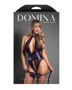 Domina Open Halter Teddy in Mesh & Leatherette w/Matching Blindfold - Purple