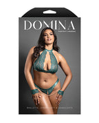 Domina Lace Bralette & Open Panty w/Detachable Chain - Link Handcuffs - Green