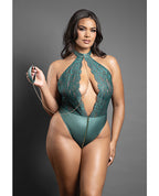 Domina Lace Halter Teddy w/Zipper Detail & Detachable Chain - Link Leash - Green