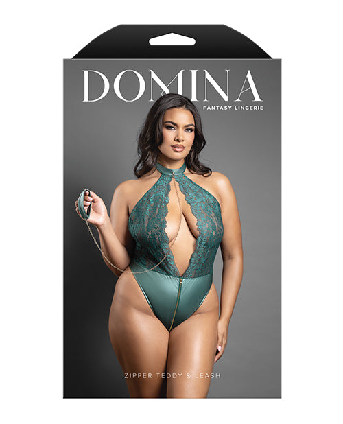 Domina Lace Halter Teddy w/Zipper Detail & Detachable Chain - Link Leash - Green