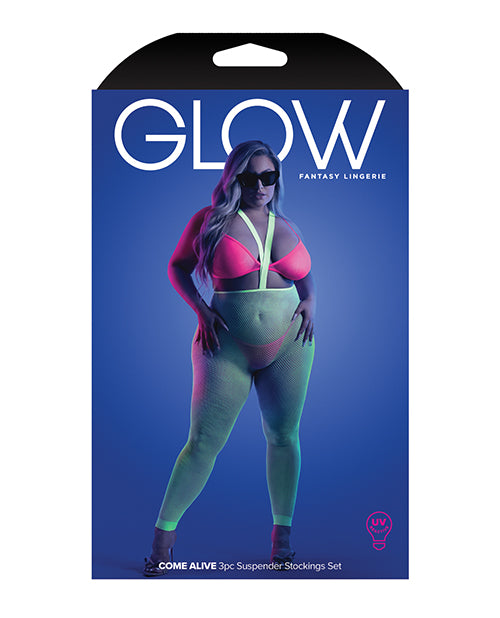 Glow Come Alive Suspender Stockings, Bralette & G - String Multi Color