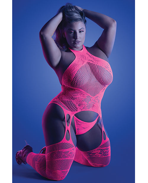 Glow Captivating Halter Bodystocking & G - String Neon Pink