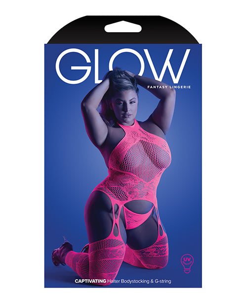Glow Captivating Halter Bodystocking & G - String Neon Pink