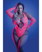 Glow Flashback Black Light Reactive Rhinestone Teddy w/Gloves (or Leg Warmers) - Neon Pink