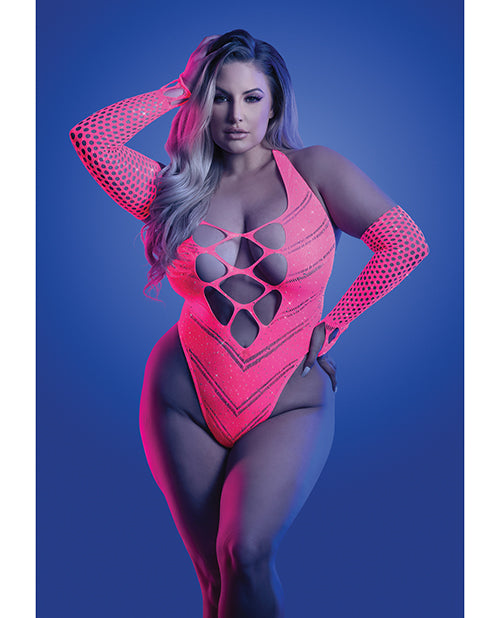 Glow Flashback Black Light Reactive Rhinestone Teddy w/Gloves (or Leg Warmers) - Neon Pink