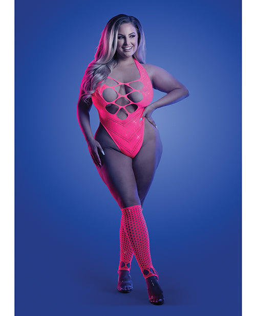 Glow Flashback Black Light Reactive Rhinestone Teddy w/Gloves (or Leg Warmers) - Neon Pink