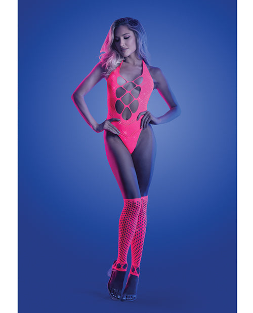Glow Flashback Black Light Reactive Rhinestone Teddy w/Gloves (or Leg Warmers) - Neon Pink