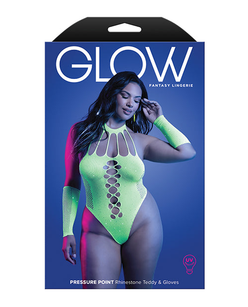 Pressure Point UV Reactive Rhinestone Studded Teddy & Gloves/Leg Warmers 2 pc Set - Neon Green