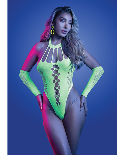 Pressure Point UV Reactive Rhinestone Studded Teddy & Gloves/Leg Warmers 2 pc Set - Neon Green