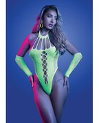 Pressure Point UV Reactive Rhinestone Studded Teddy & Gloves/Leg Warmers 2 pc Set - Neon Green