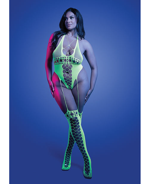 Paradigm UV Reactive Halter Teddy Bodystocking - Neon Green