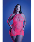 Back It Up Fishnet Halter Dress in Floral Knit - Neon Pink