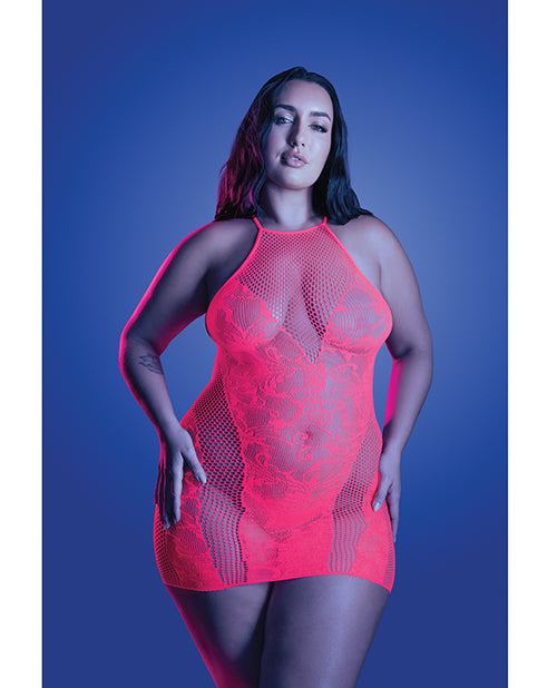 Back It Up Fishnet Halter Dress in Floral Knit - Neon Pink
