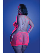 Back It Up Fishnet Halter Dress in Floral Knit - Neon Pink