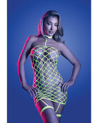 Warning Sign Gartered Fishnet Dress w/Rhinestone Detail - Neon Green