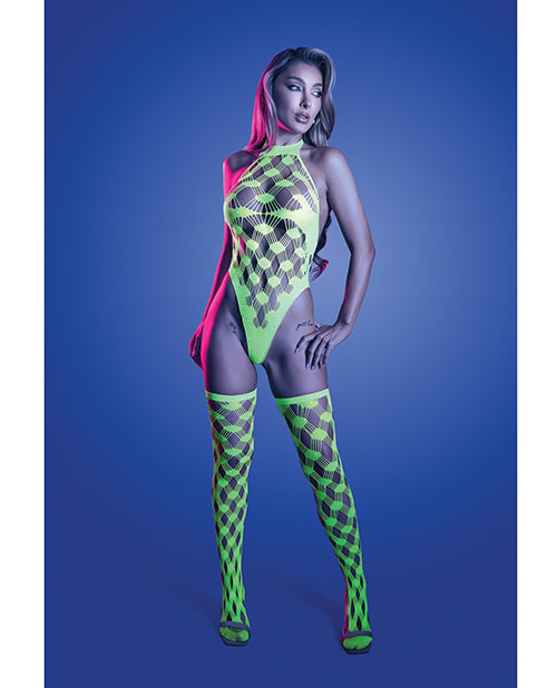 Adrenaline Halter Teddy & Stockings in Geometric Rhinestone Diamond Fishnet - Neon Green