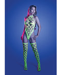 Adrenaline Halter Teddy & Stockings in Geometric Rhinestone Diamond Fishnet - Neon Green