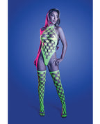 Adrenaline Halter Teddy & Stockings in Geometric Rhinestone Diamond Fishnet - Neon Green