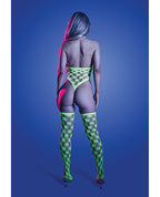Adrenaline Halter Teddy & Stockings in Geometric Rhinestone Diamond Fishnet - Neon Green