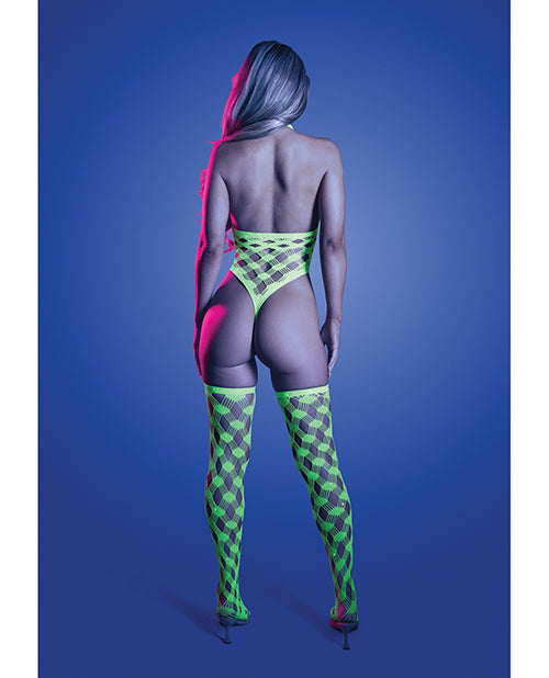 Adrenaline Halter Teddy & Stockings in Geometric Rhinestone Diamond Fishnet - Neon Green