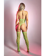 Adrenaline Halter Teddy & Stockings in Geometric Rhinestone Diamond Fishnet - Neon Green