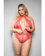 Temptress Calliope Striped Sheer Floral Lace Zippered Teddy - Coral