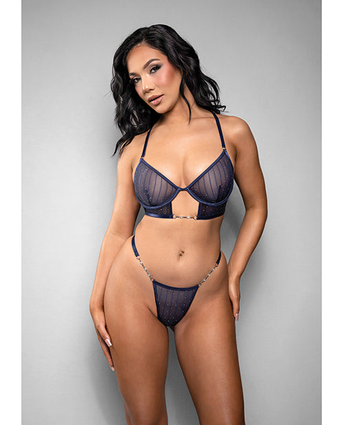 Temptress Celeste Sheer Striped Rhinestone Mesh Bra w/G - String 2 pc Set - Navy