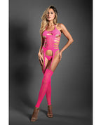 Sheer Sweet Revelation Halter Bodystocking w/G - String 2 pc Set - Neon Pink