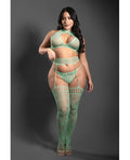 Sheer Heart Of Glass Lace Knit Halter Top w/G - String & Gartered Stockings 3 pc Set - Mint
