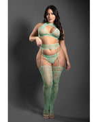 Sheer Heart Of Glass Lace Knit Halter Top w/G - String & Gartered Stockings 3 pc Set - Mint