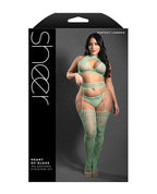 Sheer Heart Of Glass Lace Knit Halter Top w/G - String & Gartered Stockings 3 pc Set - Mint
