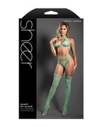 Sheer Heart Of Glass Lace Knit Halter Top w/G - String & Gartered Stockings 3 pc Set - Mint