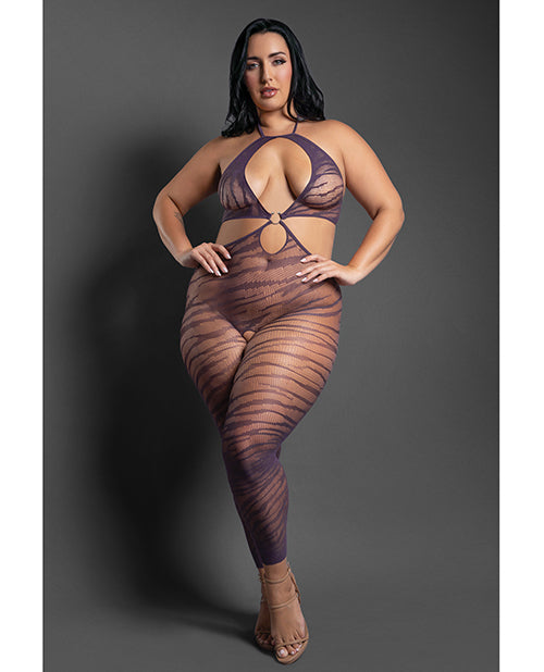 Sheer Set Me Free Mesh Body Stocking w/Zebra Pattern & Open Crotch - Purple