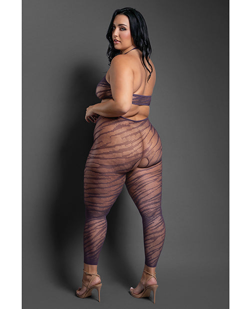 Sheer Set Me Free Mesh Body Stocking w/Zebra Pattern & Open Crotch - Purple