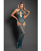 Sheer Unravel Me Crotchless Halter Body Stocking - Teal