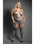 Sheer Wild Heart Reptile Print Bodystocking Dress w/Attached Stockings - Green
