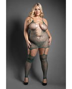 Sheer Wild Heart Reptile Print Bodystocking Dress w/Attached Stockings - Green